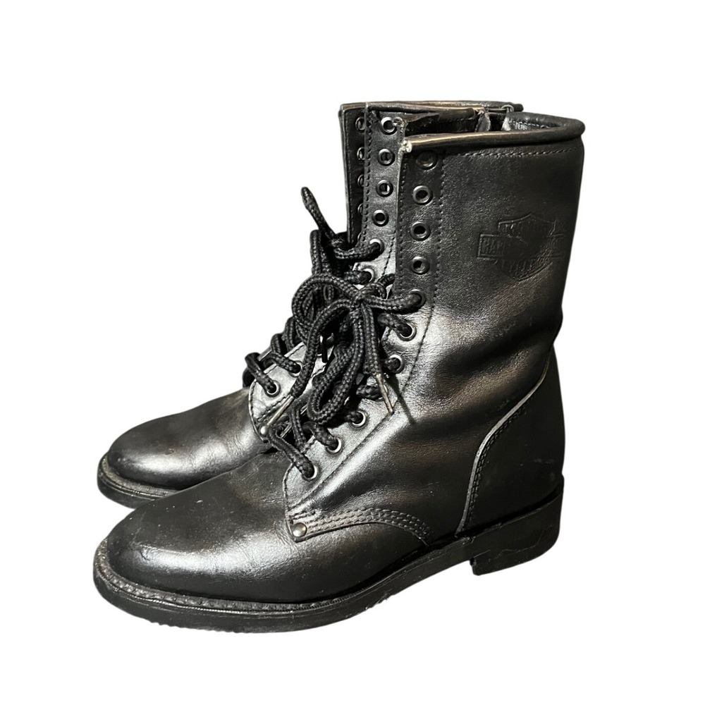 Harley Davidson Boots Womens 6 Black Leather Side Zip Lace Up Combat S34302